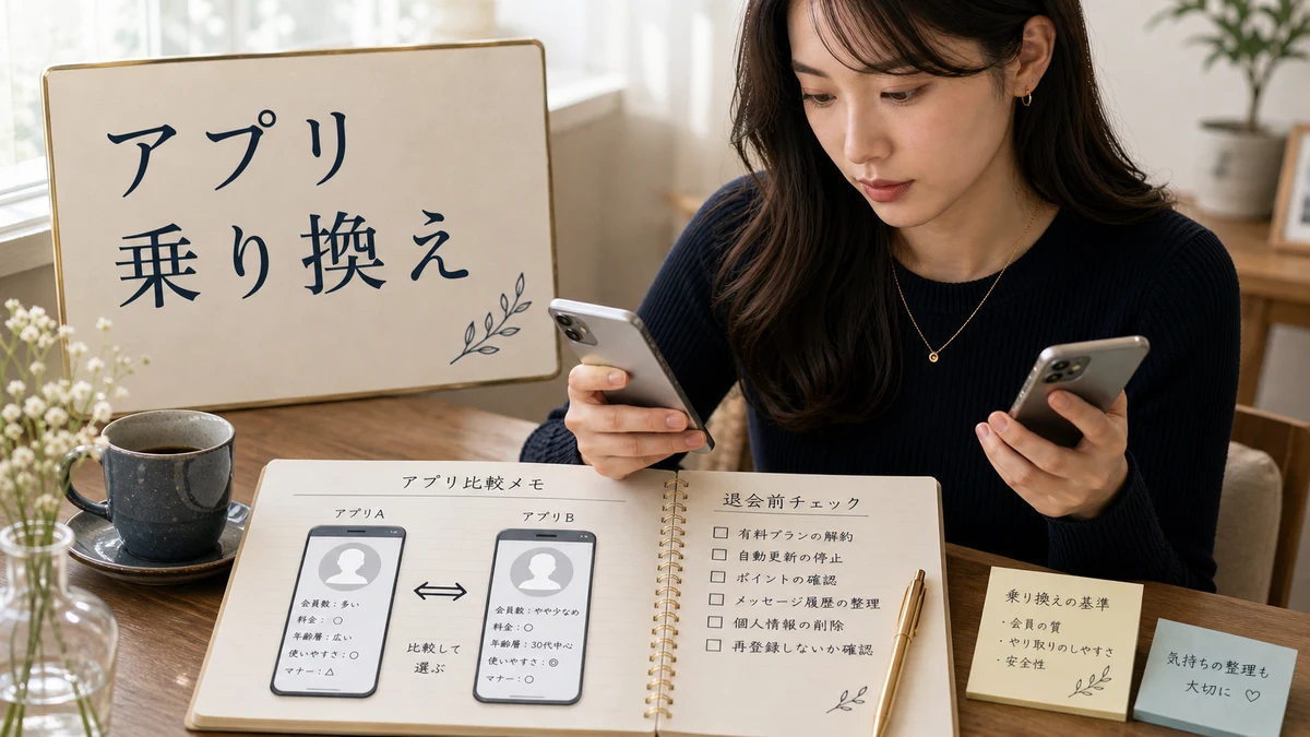 アプリの乗り換え判断｜やめどき・併用・データの消し方のイメージ
