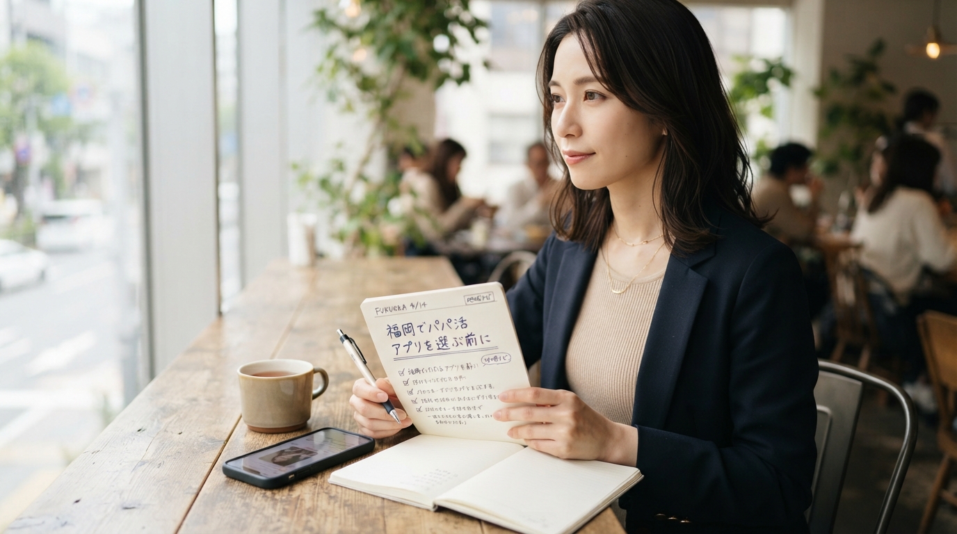 福岡でパパ活アプリを選ぶ前に見る天神・博多の使い分けのイメージ